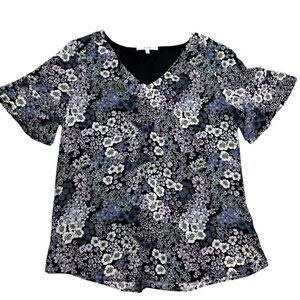 Sung Alfred Sung Lined Floral Pattern Short Sleeve V-Neck Blouse L